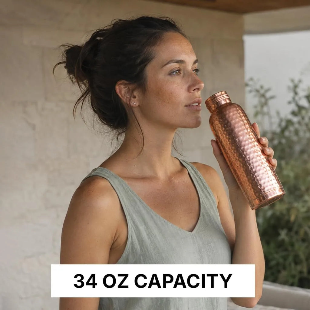 100% Pure Copper Water Bottle for Drinking 34 Oz Leak-Proof | Hammered