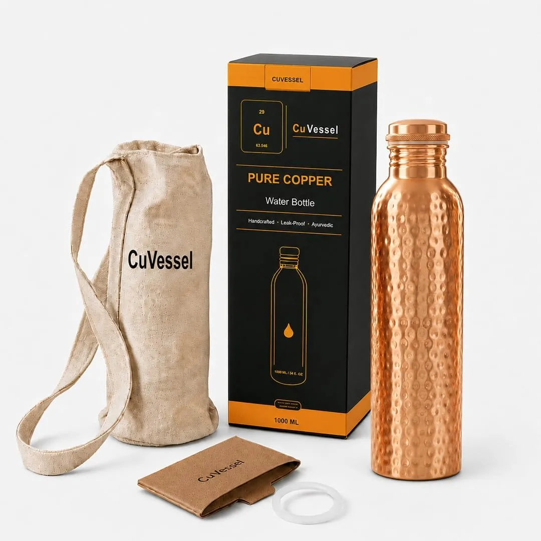 100% Pure Copper Water Bottle for Drinking 34 Oz Leak-Proof | Hammered
