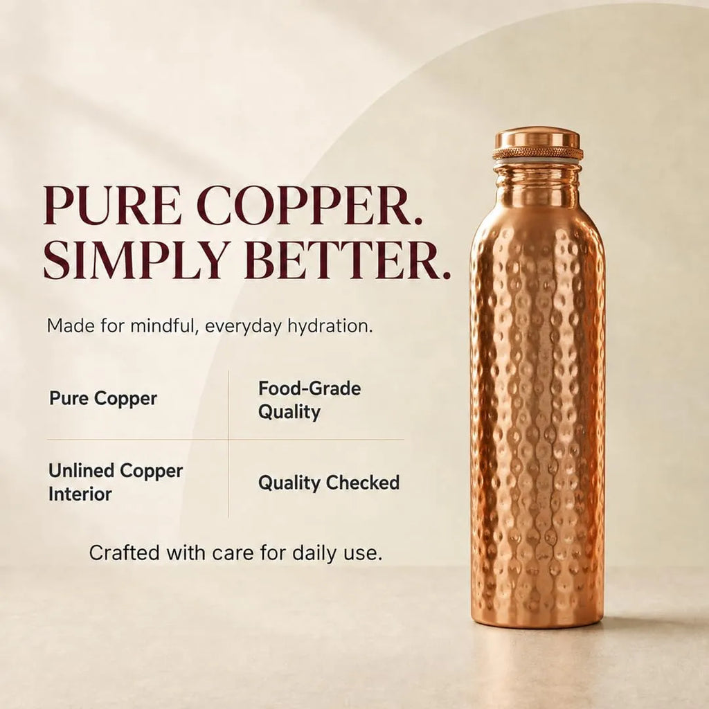 100% Pure Copper Water Bottle for Drinking 34 Oz Leak-Proof | Hammered