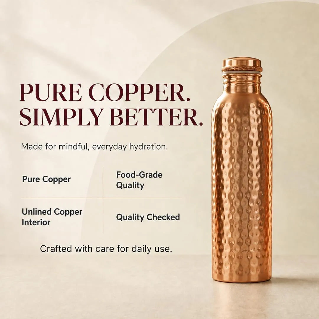 100% Pure Copper Water Bottle for Drinking 34 Oz Leak-Proof | Hammered