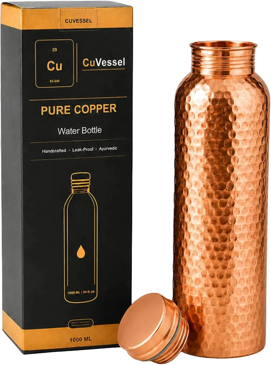 100% Pure Copper Water Bottle for Drinking 34 Oz Leak-Proof | Hammered