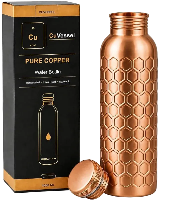 100% Pure Copper Water Bottle for Drinking 34 Oz Leak-Proof | Hammered