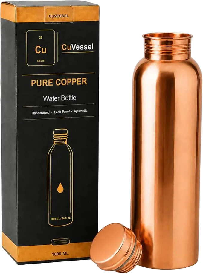 100% Pure Copper Water Bottle for Drinking 34 Oz Leak-Proof | Hammered